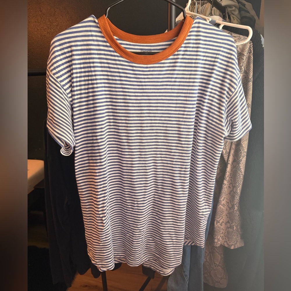 Madewell Navy and White Striped Tee with Orange Trim